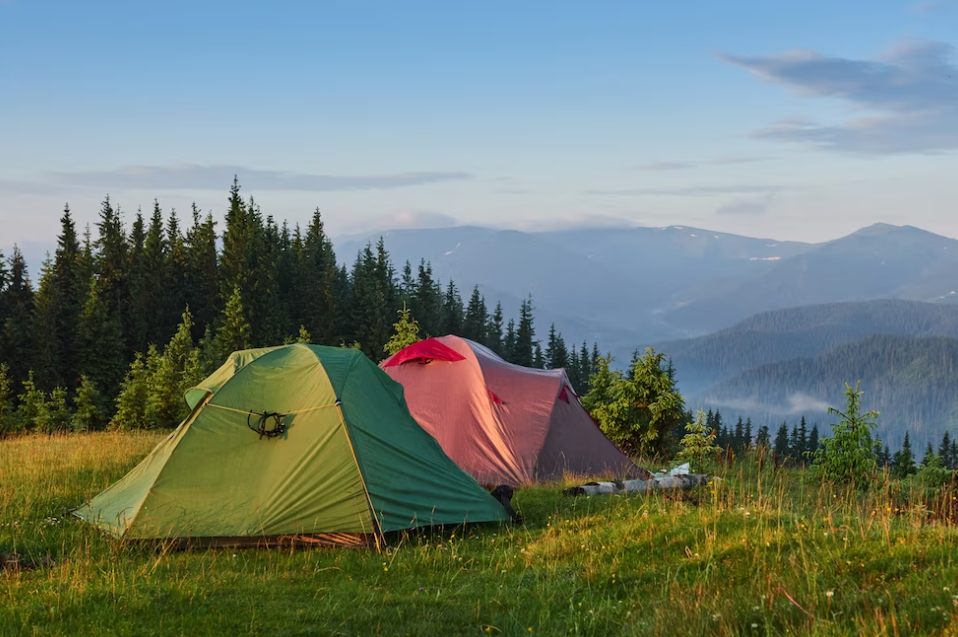 red and green tents on the hill, trees, and mountains landscape behind