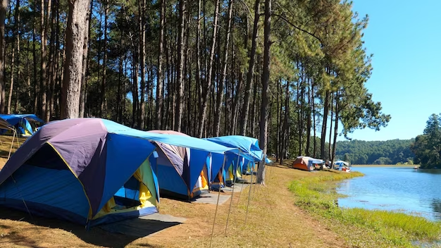 Tent camping near a body of water