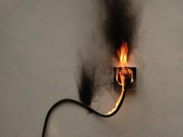 a burning electric wire, a plug, and an outlet in the wall