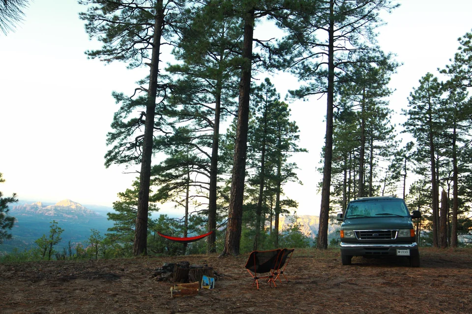 Forest area with mountain view, car parked nearby