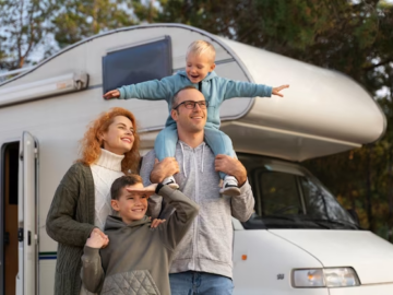 A family near an RV