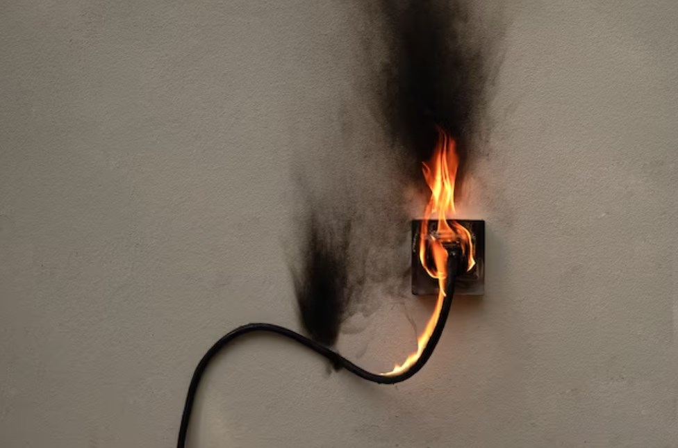 a burning electric wire, a plug, and an outlet in the wall